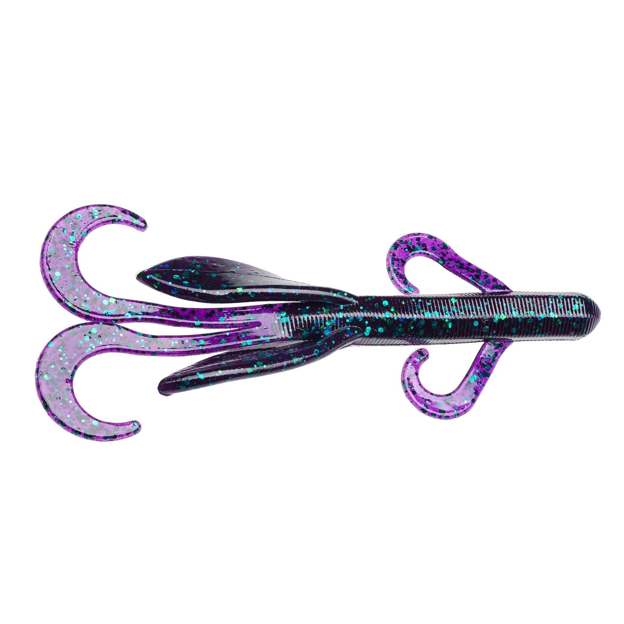 Strike King KVD Perfect Plastics Game Hawg soft fishing lure in purple and black with glitter, designed for musky fishing and enhancing action in water.