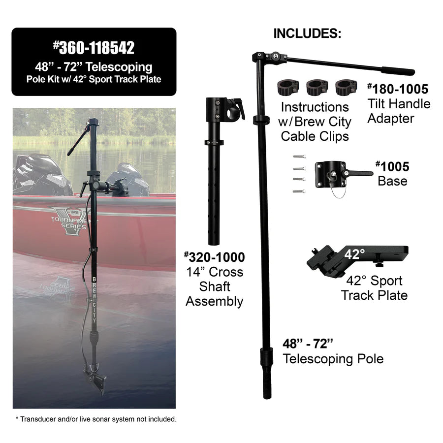 Brew City 48" - 72" Telescoping Pole Kit w/Tilt Handle (42° Sport Track Plate) 360-118542 showing a black adjustable telescoping pole with tilt handle, 42° sport track plate, base, cross shaft assembly, and assembly instructions.