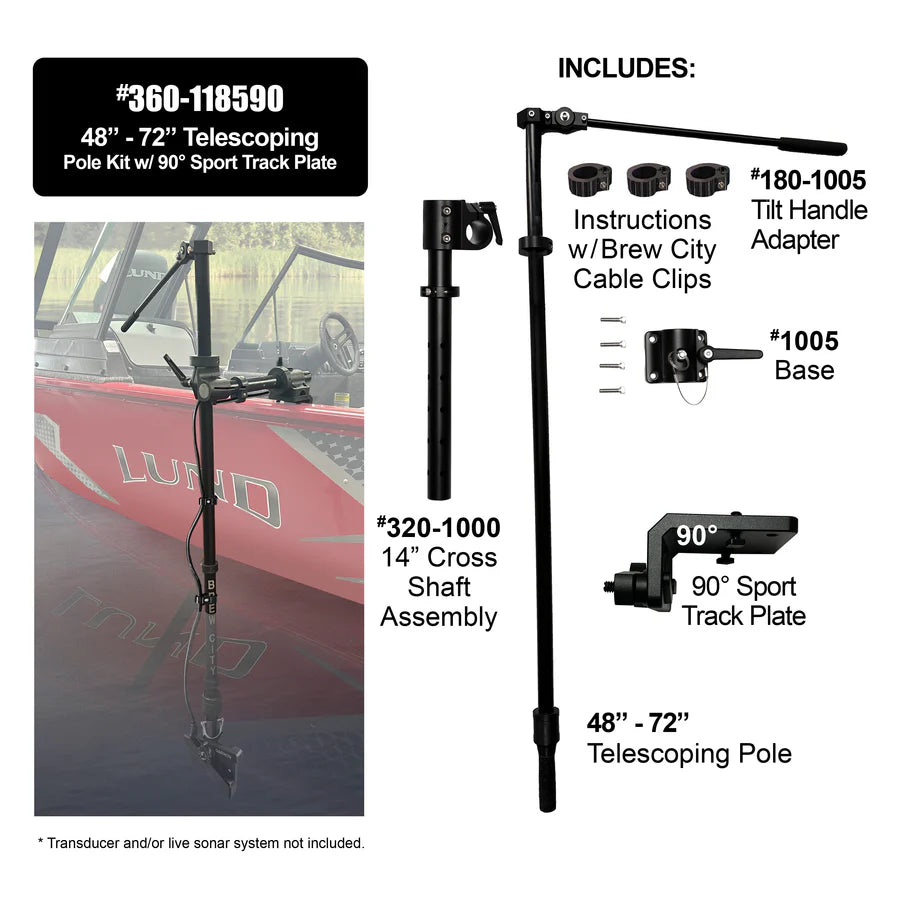 Brew City 48" - 72" Telescoping Pole Kit w/Tilt Handle (90° Sport Track Plate) 360-118590 showing a black adjustable telescoping pole with a tilt handle, sport track plate, cross shaft assembly, base, and installation instructions designed for fishing tackle setups.