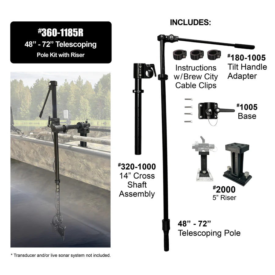 Brew City 48" - 72" Telescoping Pole Kit w/Tilt Handle (5" Riser) 360-1185R showing an adjustable black telescoping pole with tilt handle, riser, cross shaft assembly, base, and cable clips for fishing tackle and marine electronics installation.