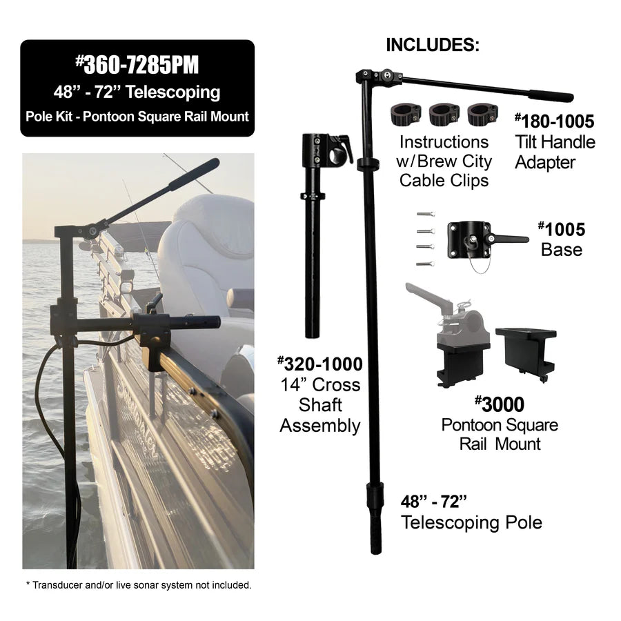 Brew City 48" - 72" Telescoping Pole Kit w/Tilt Handle (Pontoon Mount) 360-7285PM showing the adjustable telescoping pole with tilt handle mounted on a pontoon rail, including cross shaft assembly, base, and mounting hardware for fishing rods and marine electronics.