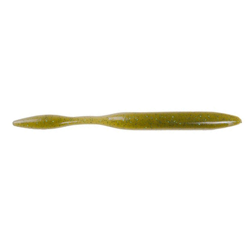 Strike King KVD Perfect Plastics Dream Shot fishing lure in olive green with blue flecks, designed for effective use in fishing tackle for musky and other species.