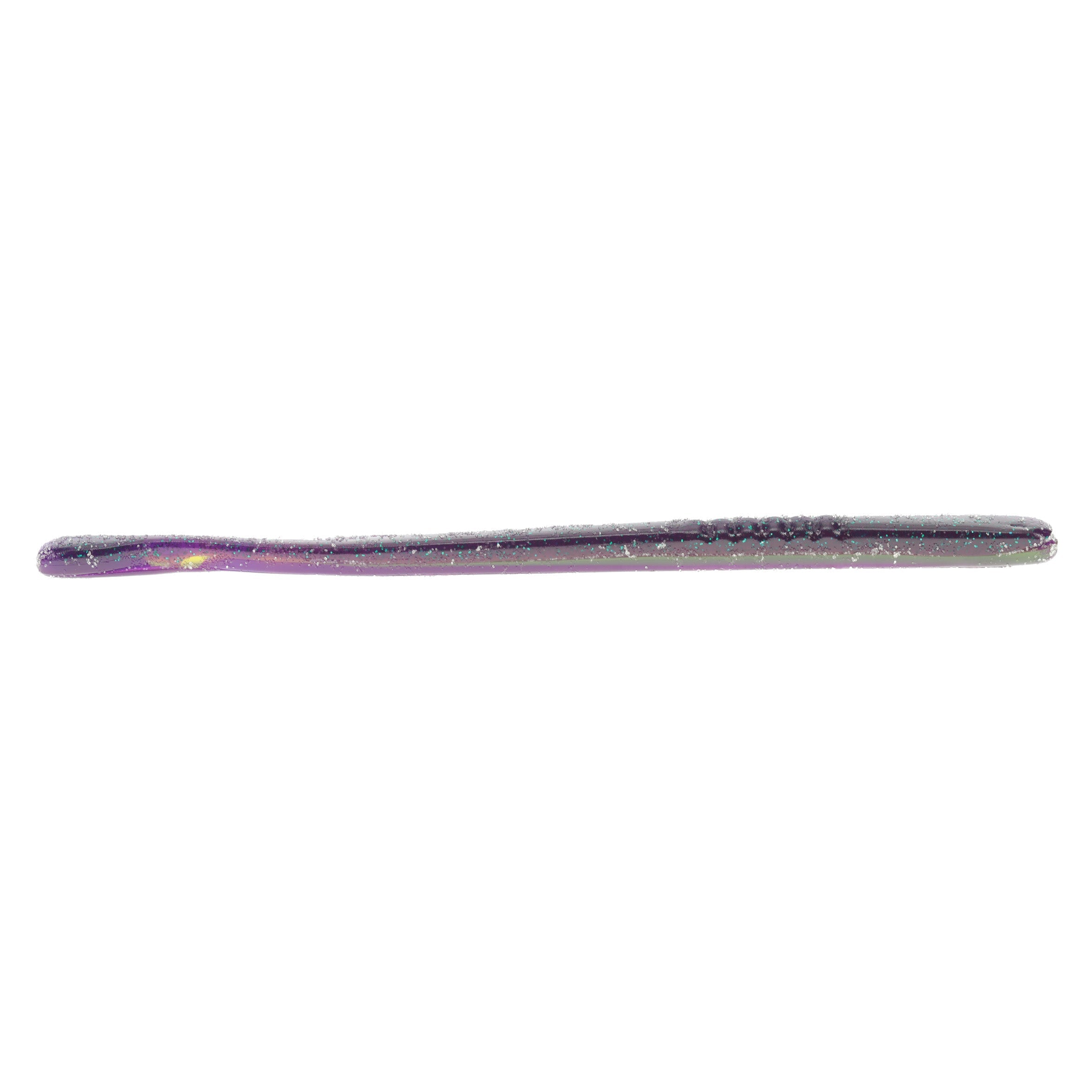 Strike King KVD Perfect Plastics Filler Worm 6" in purple with subtle glitter, designed as a soft, flexible fishing lure for musky and other freshwater fishing.
