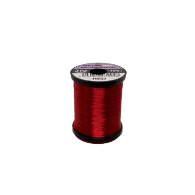 Fulling Mill Pro Thread Flat 210 Den spool of red flat synthetic thread used for fly tying in fishing tackle and rod building.