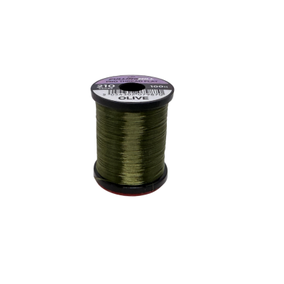 Fulling Mill Pro Thread Flat 210 Den spool of olive green thread used for fly fishing tackle and rod customization at a Midwest musky fishing shop.