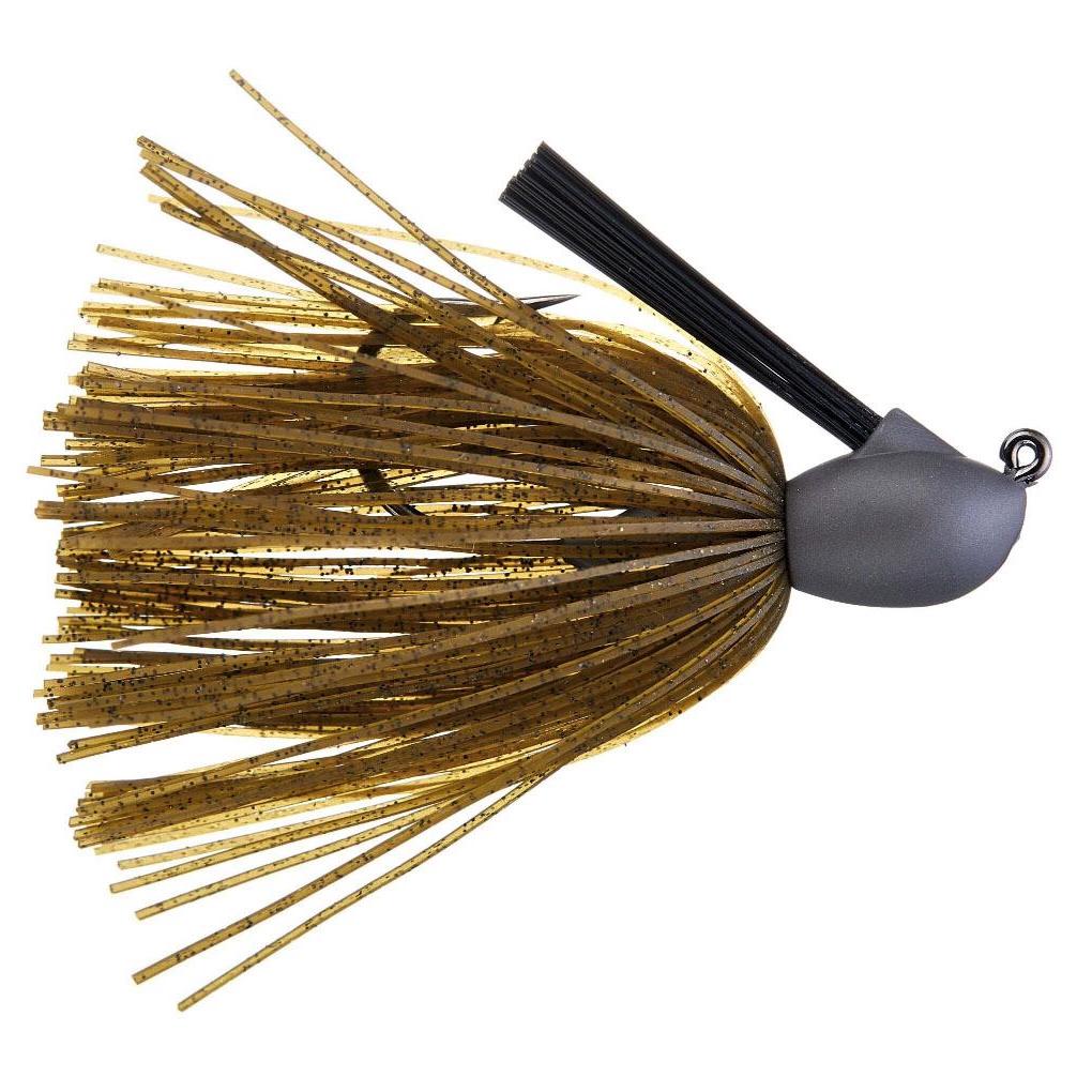 Keitech Model 1 Tungsten Casting Jig featuring a weighted gray head and a dark green skirt with black flecks, designed for precise fishing tackle and lure use.