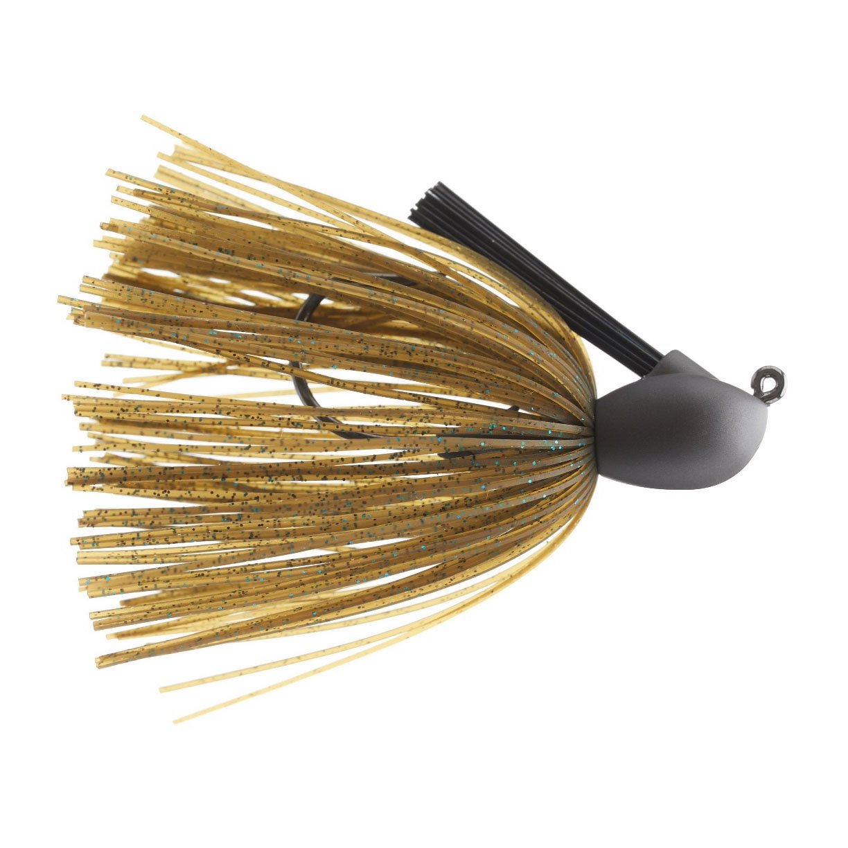 Keitech Model 1 Tungsten Casting Jig fishing lure with a weighted dark gray head and gold glittered skirt designed for casting and retrieving in freshwater fishing environments.