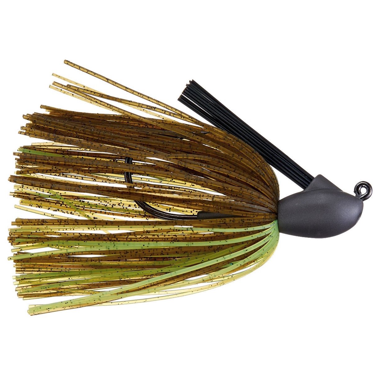 Keitech Model 1 Tungsten Casting Jig fishing lure with a weighted head, black weed guard, and multi-colored skirt designed for freshwater fishing tackle targeting musky and other species.