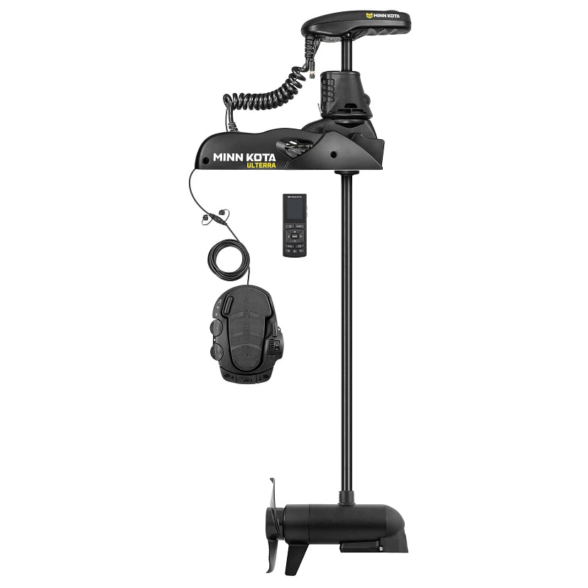 Minn Kota Ulterra 112 LB. 36 Volt System Motors black trolling motor with remote control and foot pedal, designed for precise marine navigation and fishing applications.