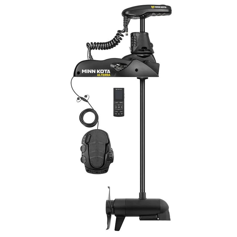 Minn Kota Ulterra 80 LB. 24 Volt System Motors electric trolling motor with remote control and foot pedal, designed for precise marine navigation and fishing tackle use.