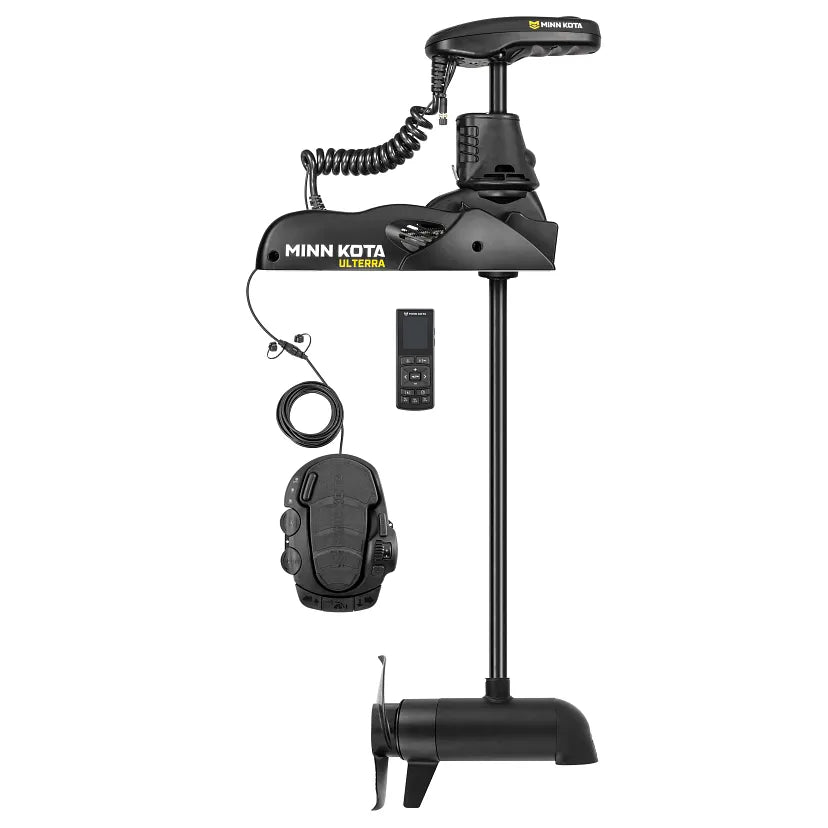 Minn Kota Ulterra 80 LB. 24 Volt System Motors shown in black with motor shaft, propeller, control foot pedal, remote control, and coiled cable for precise trolling motor control and marine electronics integration.