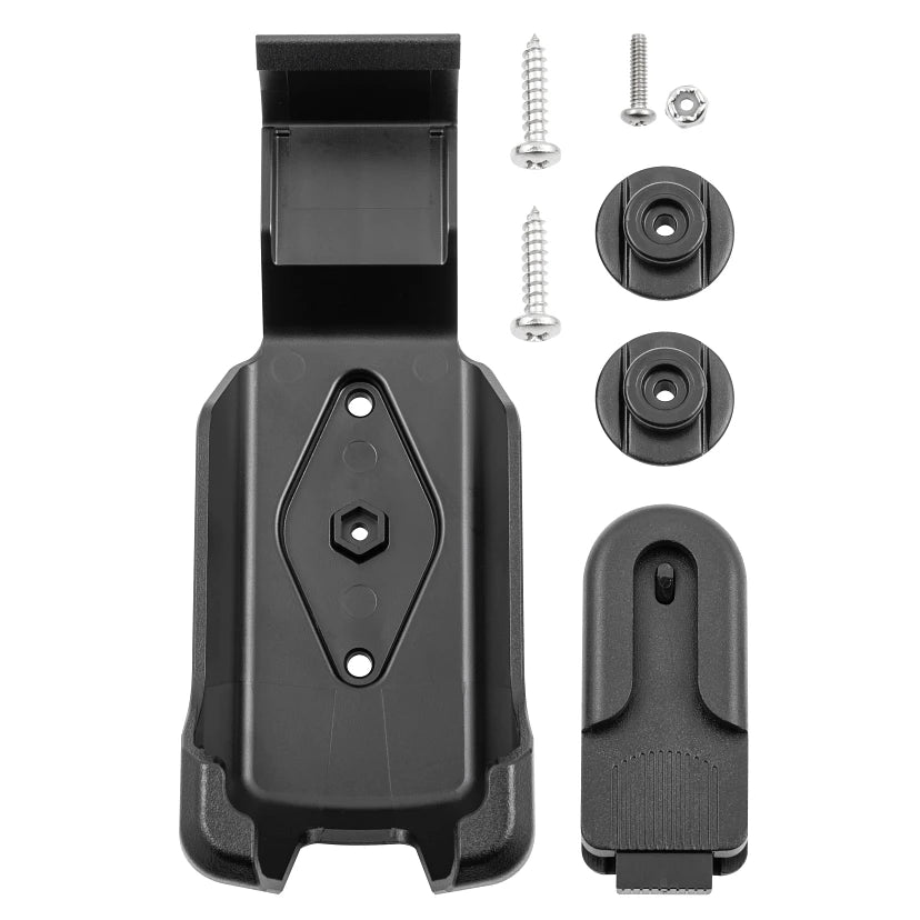 Minn kota Advance GPS Remote Cradle SKU:1866675 including black mounting cradle, two round mounting bases, a connector piece, and three metal screws with a nut, designed for marine electronics installation.