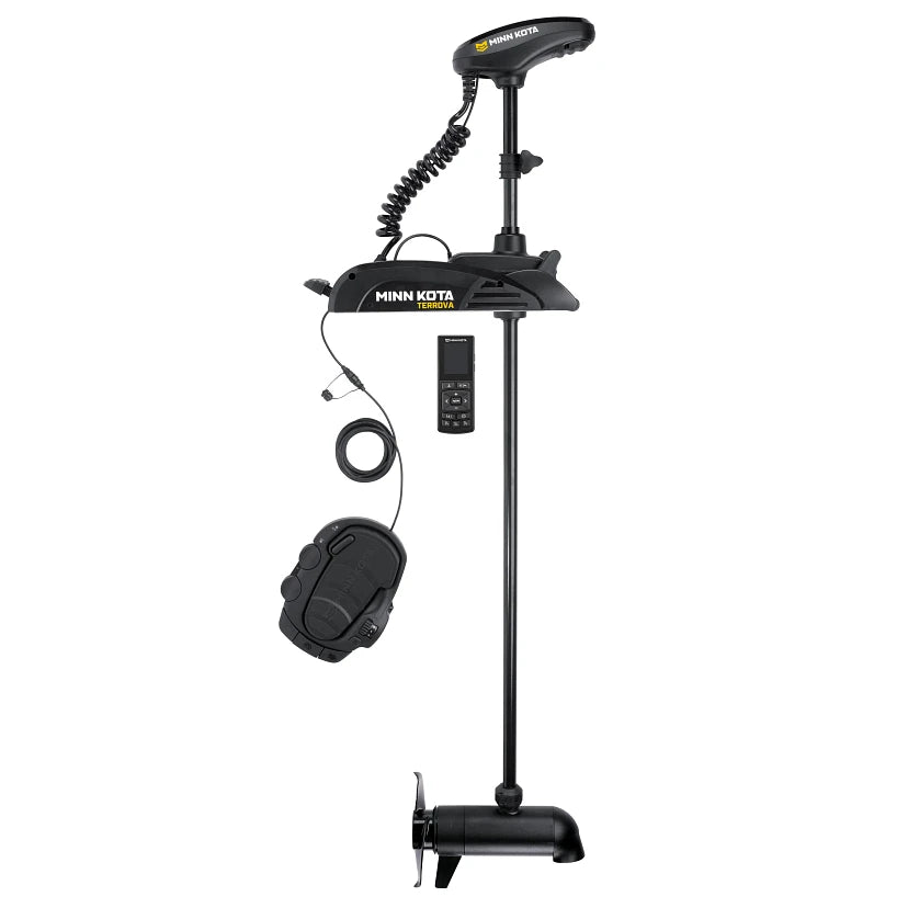 Minn Kota Terrova 112 LB. 36 Volt System Motors in black, featuring a remote control, digital display, and coiled cable, designed for precise marine navigation and fishing control.