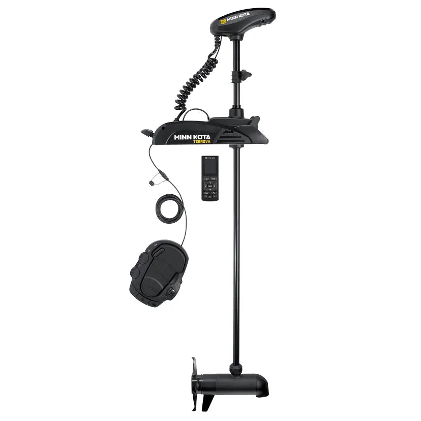 Minn Kota Terrova 80 LB. 24 Volt System Motors shown in black with attached remote control and coiled power cable, designed for precise marine navigation and fishing applications.