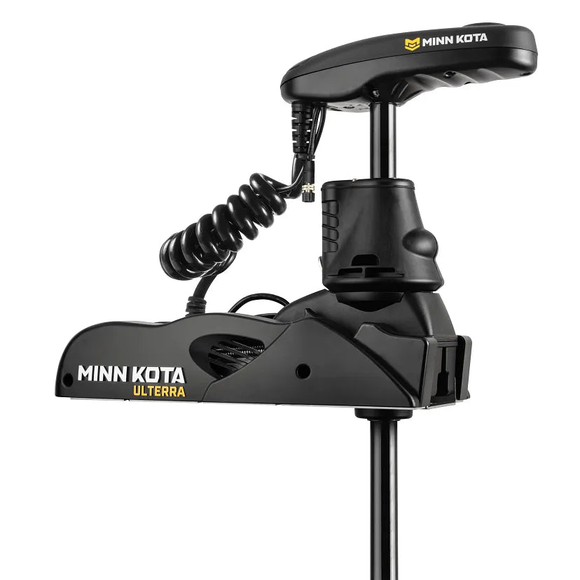 Minn Kota Ulterra 80 LB. 24 Volt System Motors in black with a sleek, compact design featuring a coiled cable and ergonomic handle, ideal for precise fishing boat control.