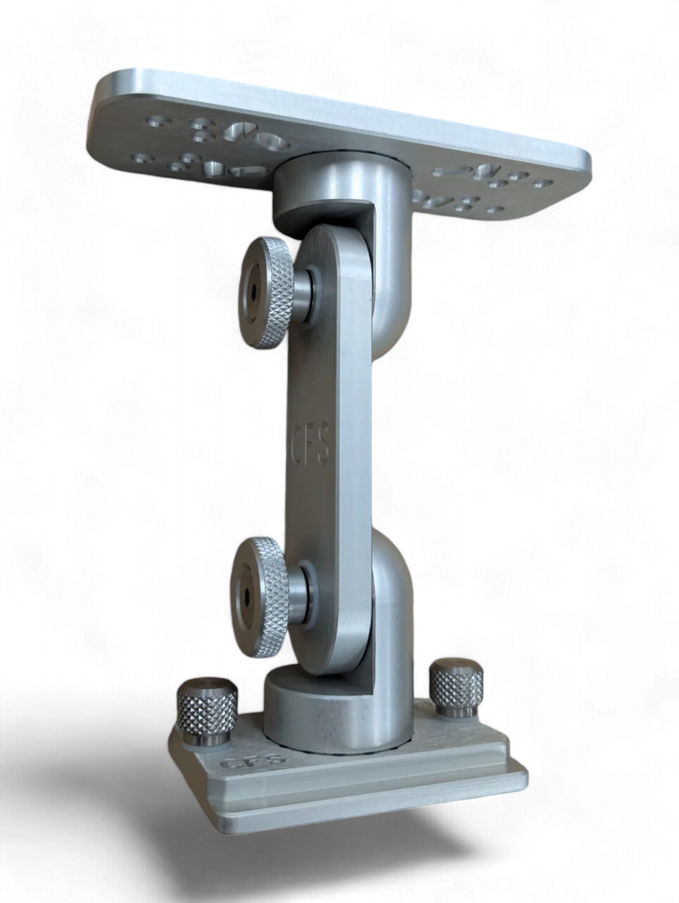 Cisco Dual Articulating Electronics Mount 8" track base SKU: MTHLK-TR8, a silver metal adjustable mount with multiple knobs for securing electronic devices, designed for fishing tackle setups.