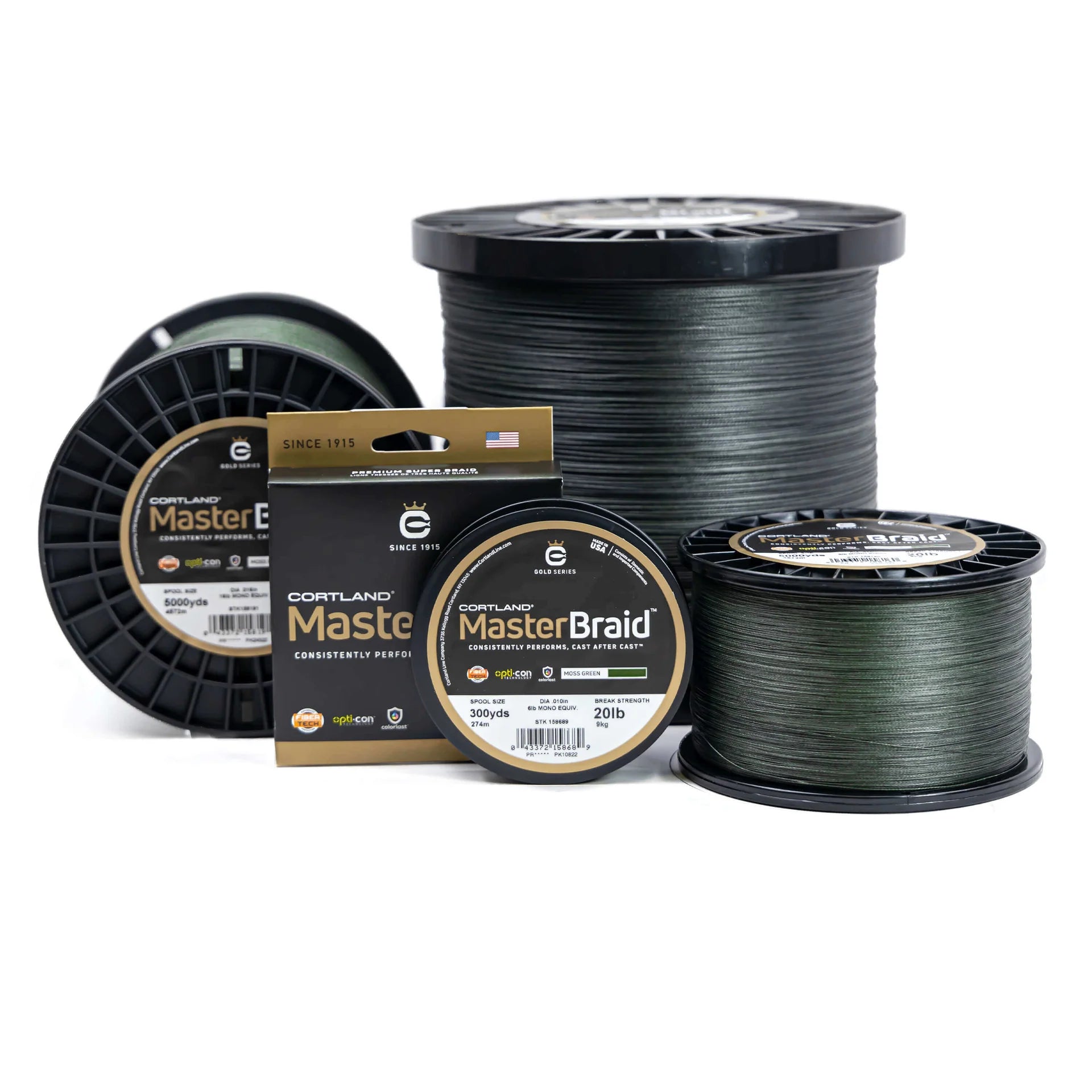 Cortland Masterbraid fishing line in dark green shades displayed on multiple spools and packaging, designed for durability and high performance in fishing tackle.