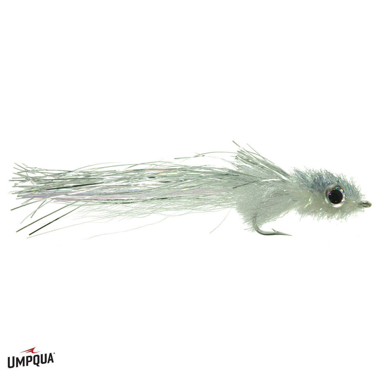 Murdich Minnow #1/0 fishing lure with a silver-gray synthetic body, realistic eyes, and delicate fiber tail designed for mimicking small baitfish in fishing tackle.