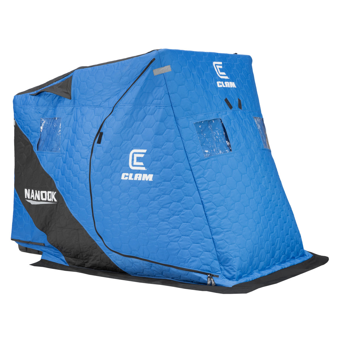 Clam Nanook Thermal blue insulated ice fishing shelter with a zippered front door black base and clear windows for ice fishing comfort and visibility