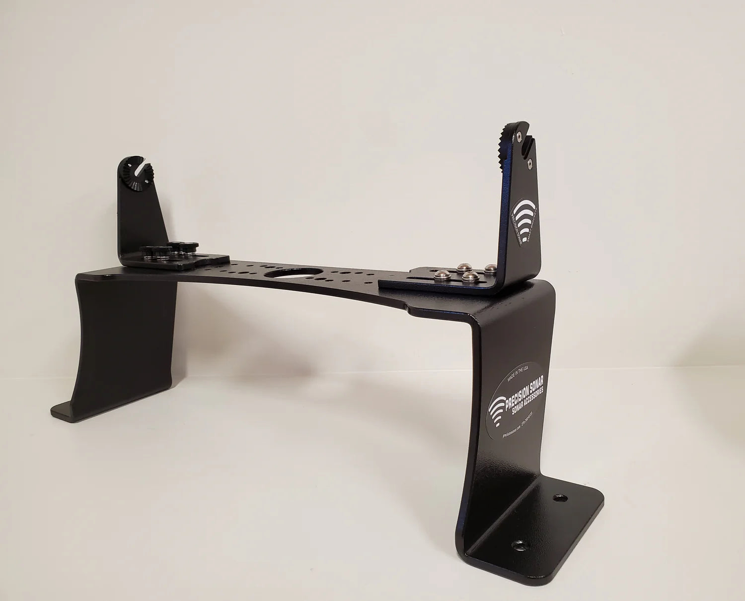 Precision Sonar Tall Mega Mount v SKU:Mega-T is a durable black metal marine electronics mount designed for secure installation on fishing boats.