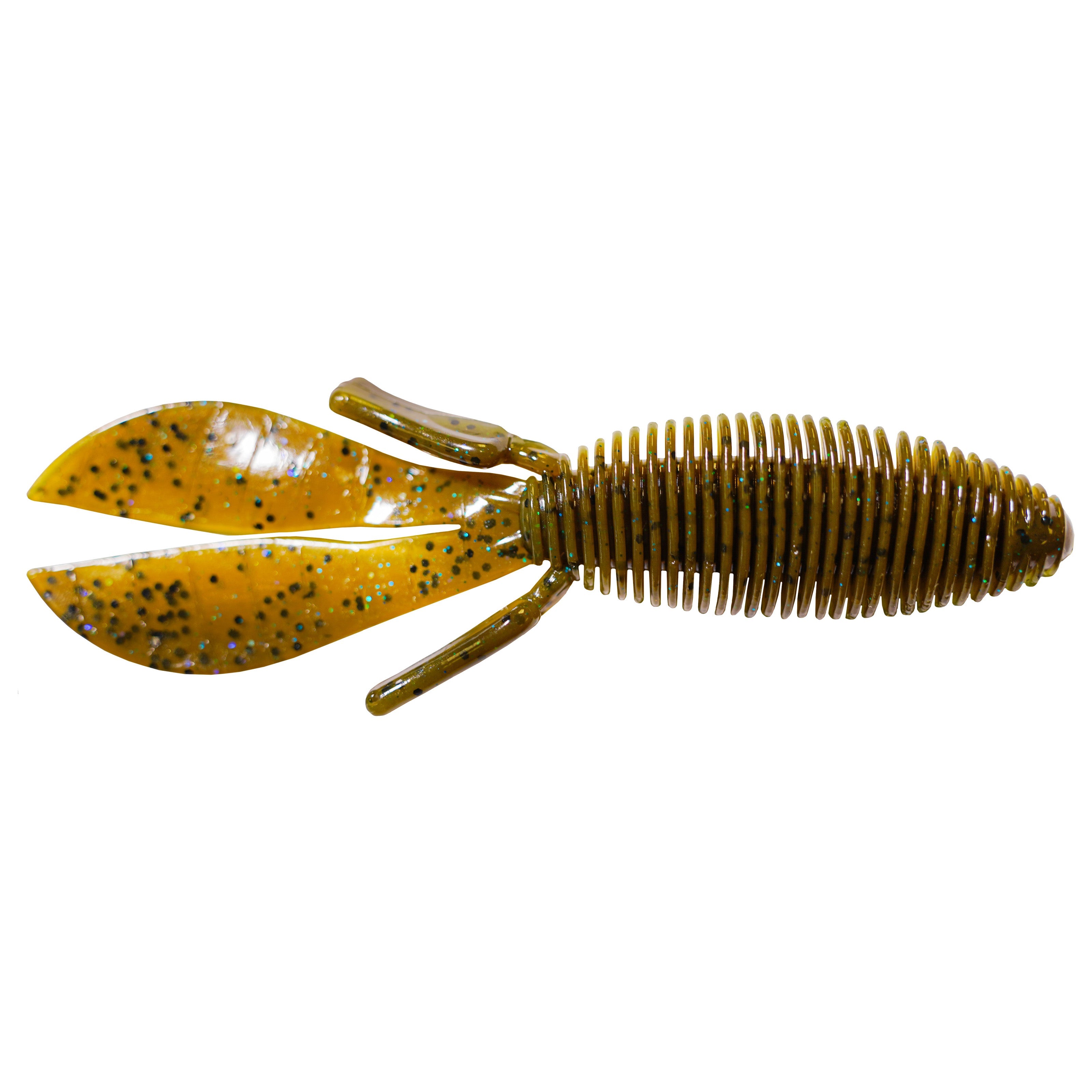 Missile Baits D Bomb - Omnia Gill Exclusive Color soft fishing lure in brown and green tones with ribbed body and two large paddle tails for lifelike action in water.