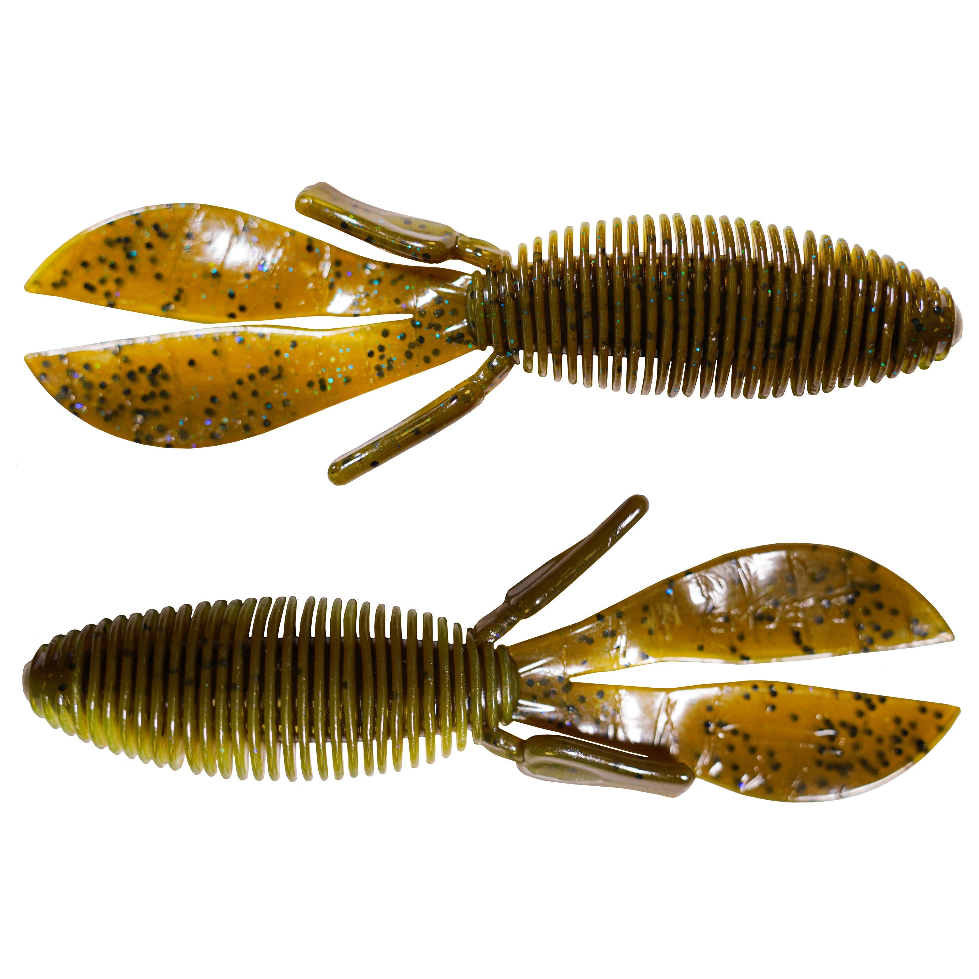 Missile Baits D Bomb - Omnia Gill Exclusive Color soft plastic fishing lure in green and brown tones with ribbed body and split tail designed for musky fishing tackle.