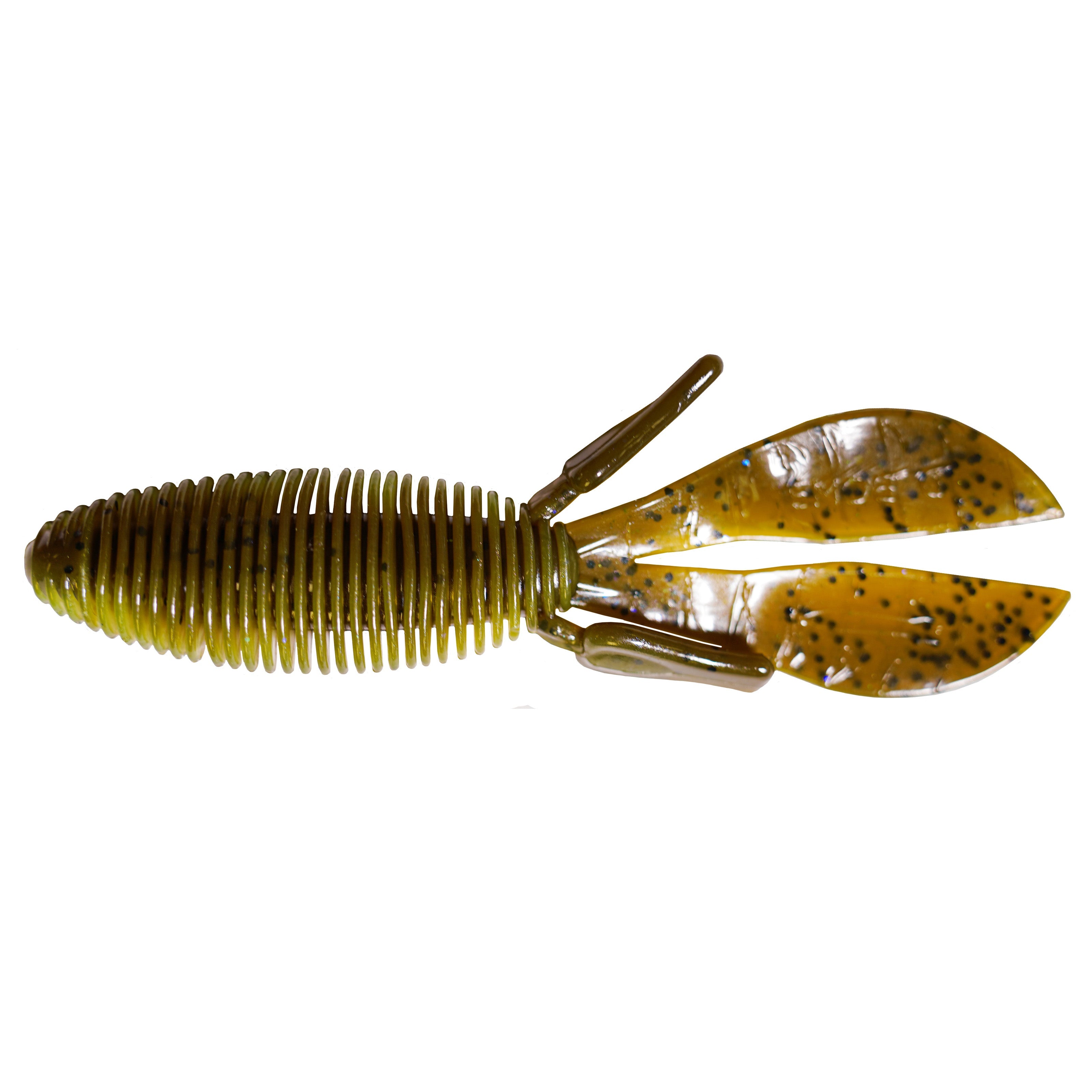 Missile Baits D Bomb - Omnia Gill Exclusive Color, a soft plastic fishing lure with ribbed olive green body and translucent brown twin paddle tails speckled with black for musky fishing.