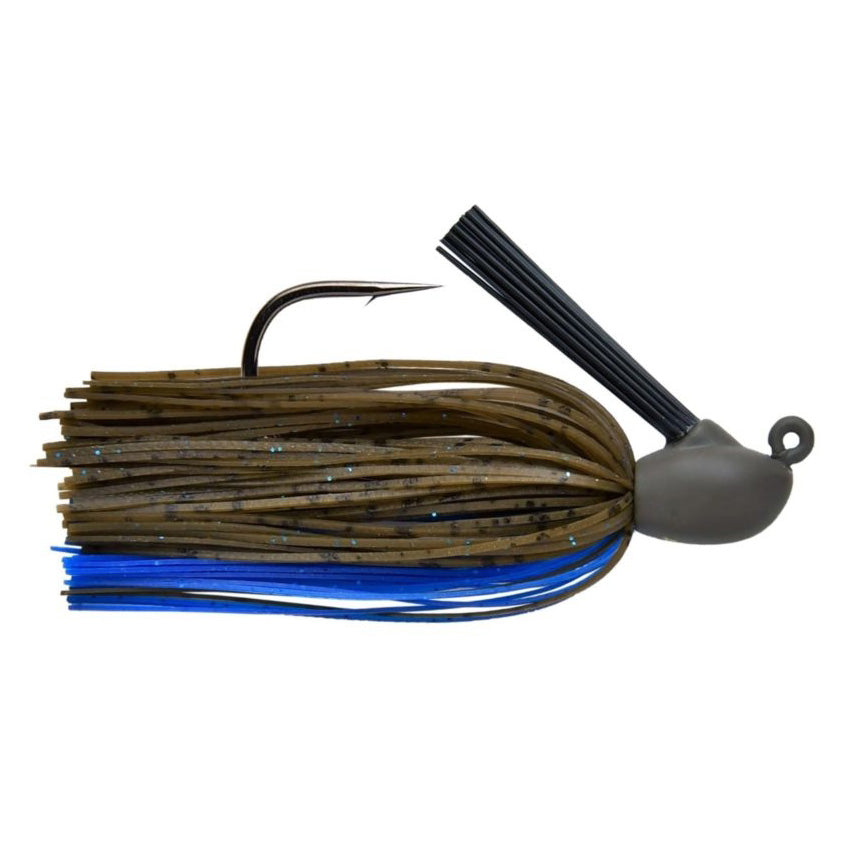 Keitech Model IV Heavy Duty Jig featuring a weighted head with weed guard, sharp hook, and silicone skirt in brown and blue designed for musky and heavy freshwater fishing tackle.