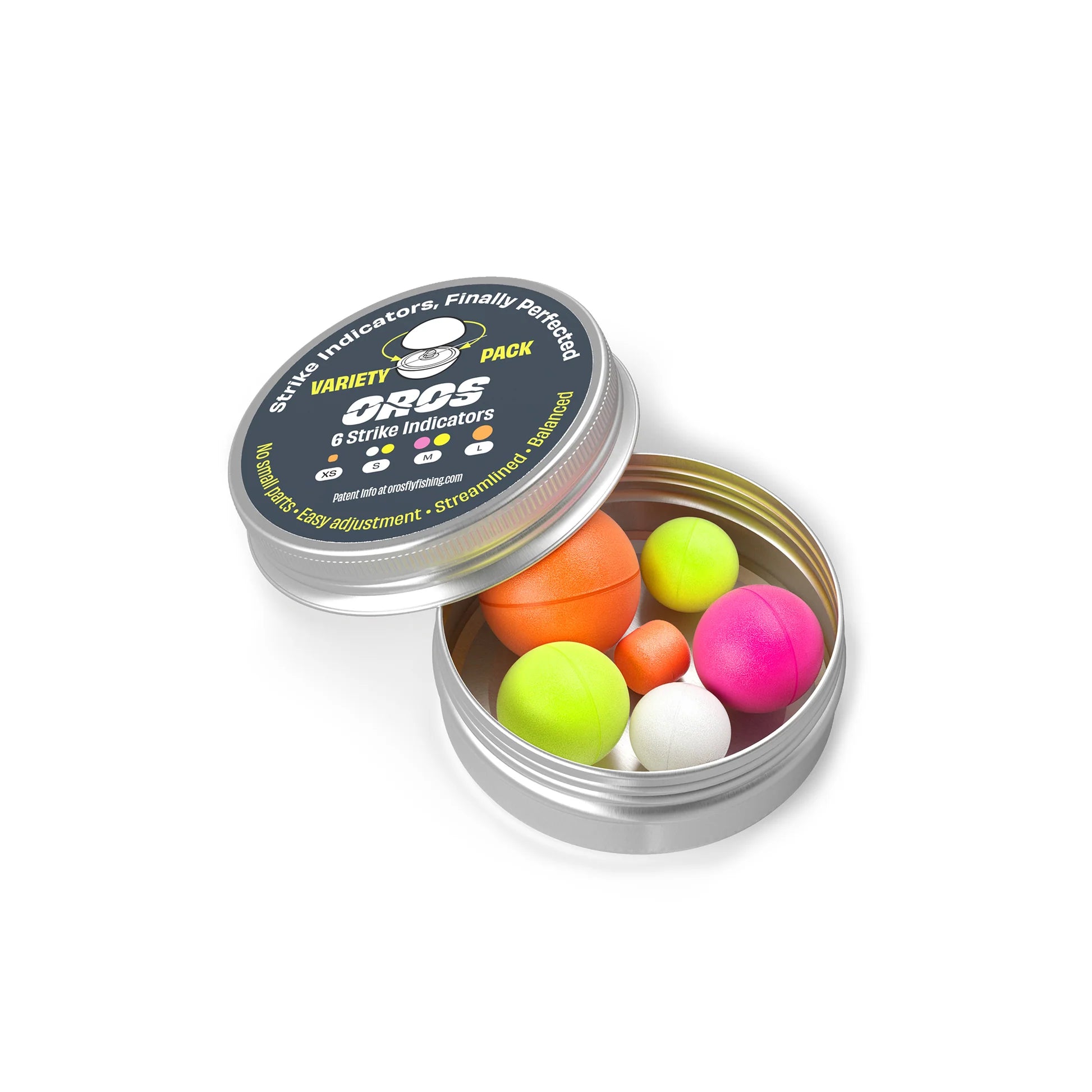 Oros Strike Indicators 3-Pack featuring a variety of brightly colored round fishing strike indicators in a small metal container, designed for fishing tackle use.
