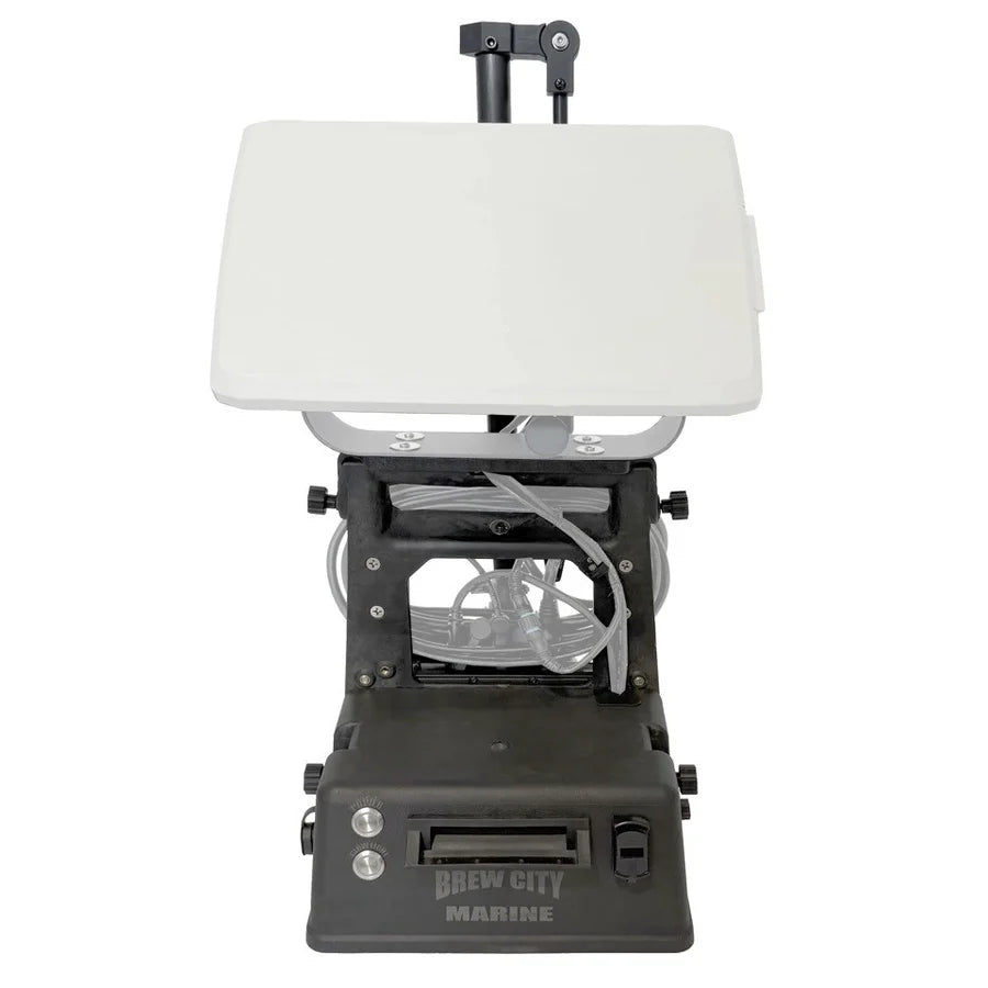 Brew City Shuttle & Ice Pole Bundle - SKU: BC-SPB shown with a white cover and black marine fishing shuttle base for ice fishing tackle and gear
