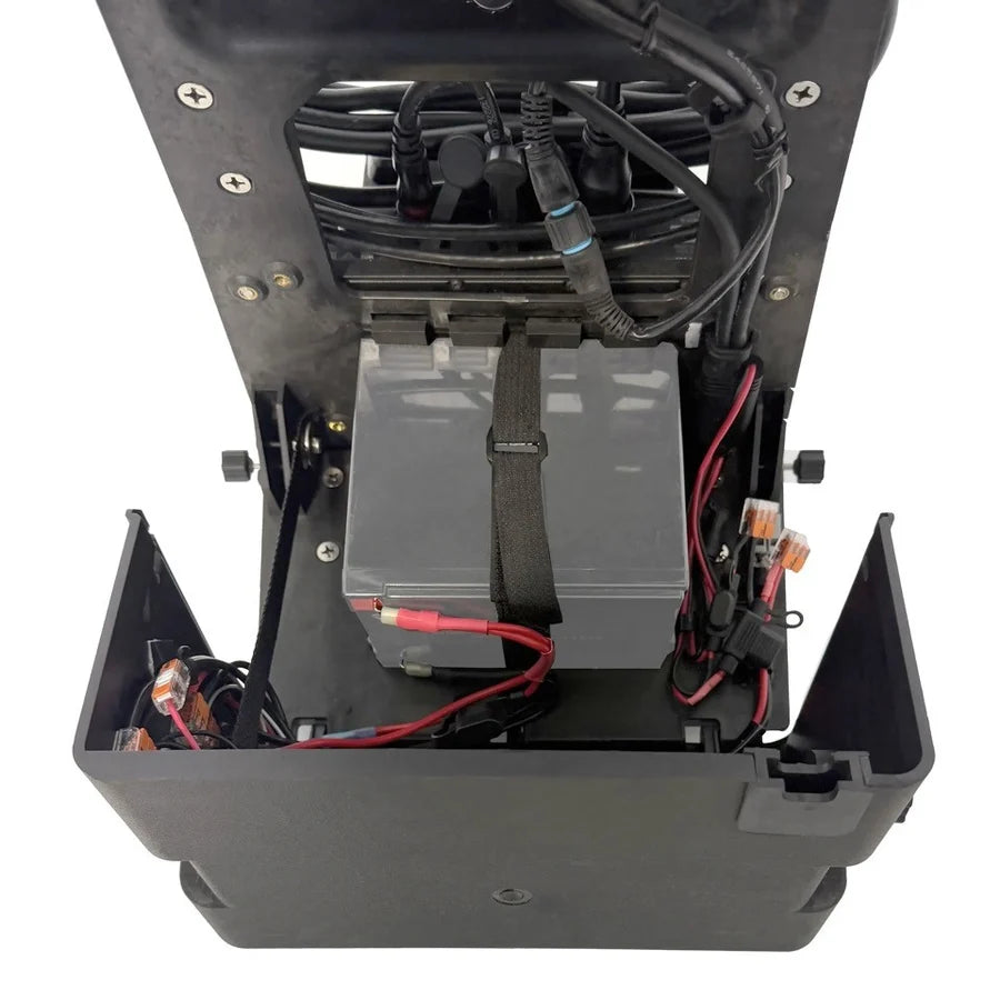 Brew City Shuttle & Ice Pole Bundle - SKU: BC-SPB showing an open battery compartment with secured battery cables and electrical components for ice fishing.