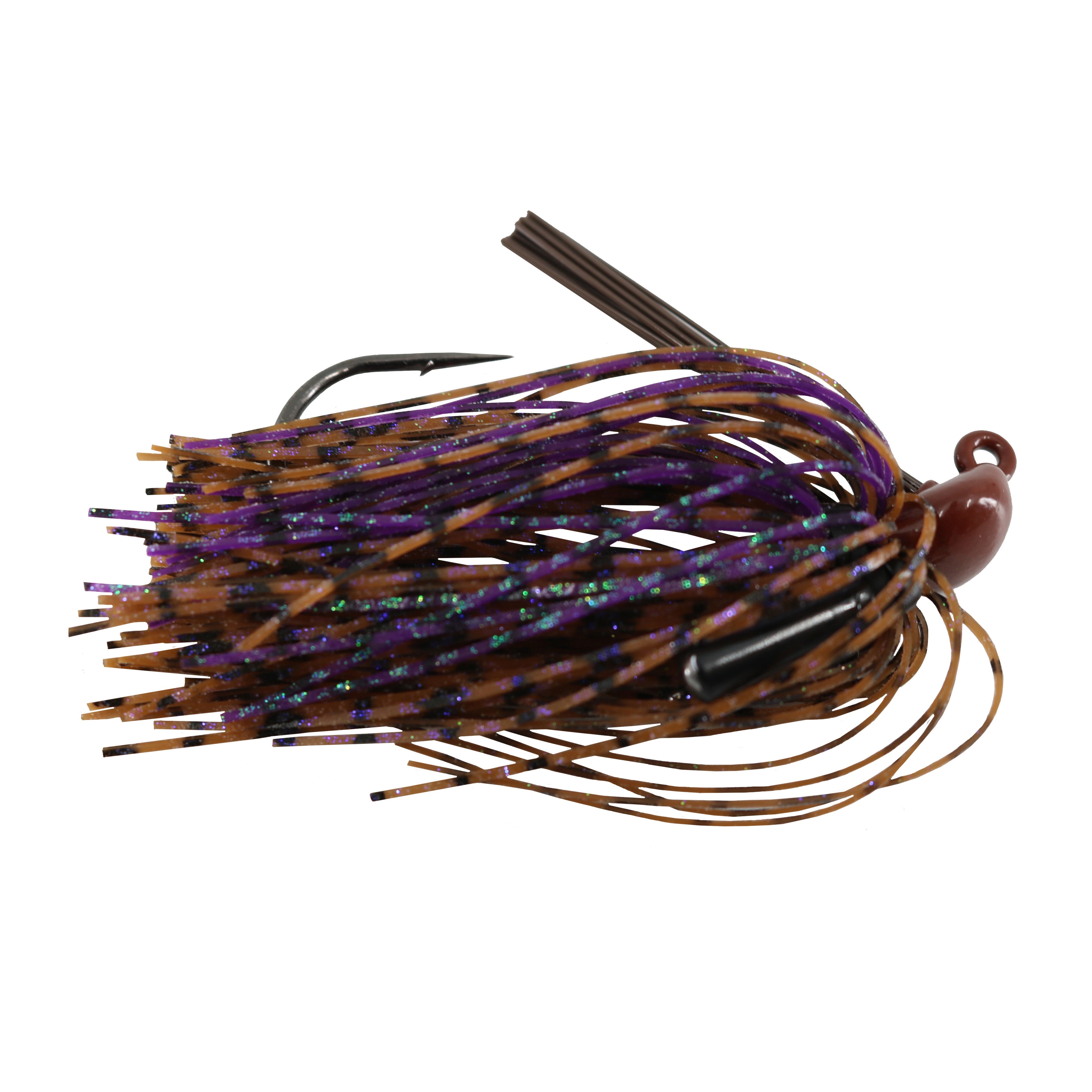 BassTEK Tungsten Flipping Jig fishing lure with brown and purple skirt, black hook, and weed guard, designed for freshwater fishing tackle.