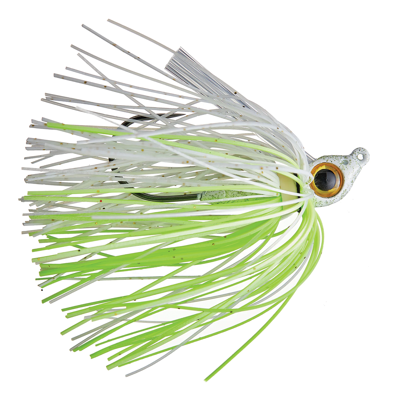 Beast Coast Working Man's Swim Jig with a silver and chartreuse skirt, detailed lifelike fish eye, and sharp hook designed for effective fishing tackle use.