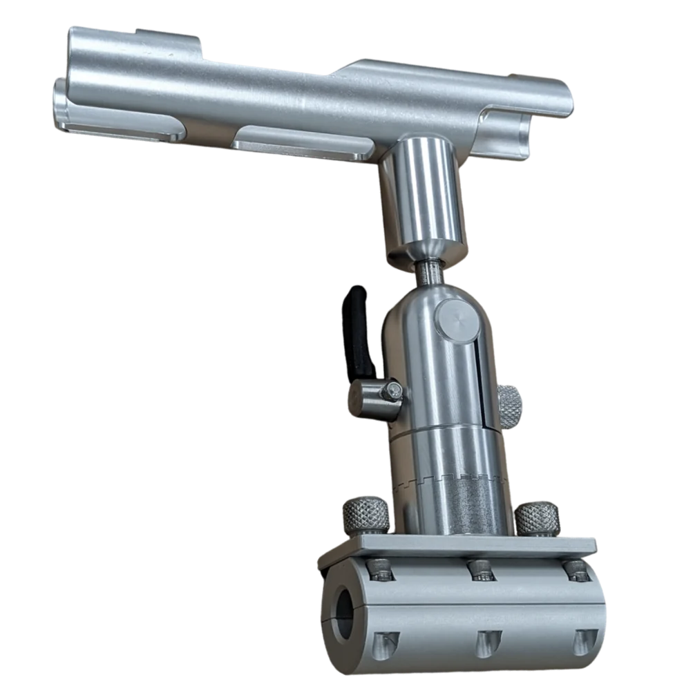 Cisco Patriot Rod Holder 7/8" rail Mount SKU: PKPRM made of durable metal with adjustable clamps and swivel mechanism for secure fishing rod placement on a boat railing.