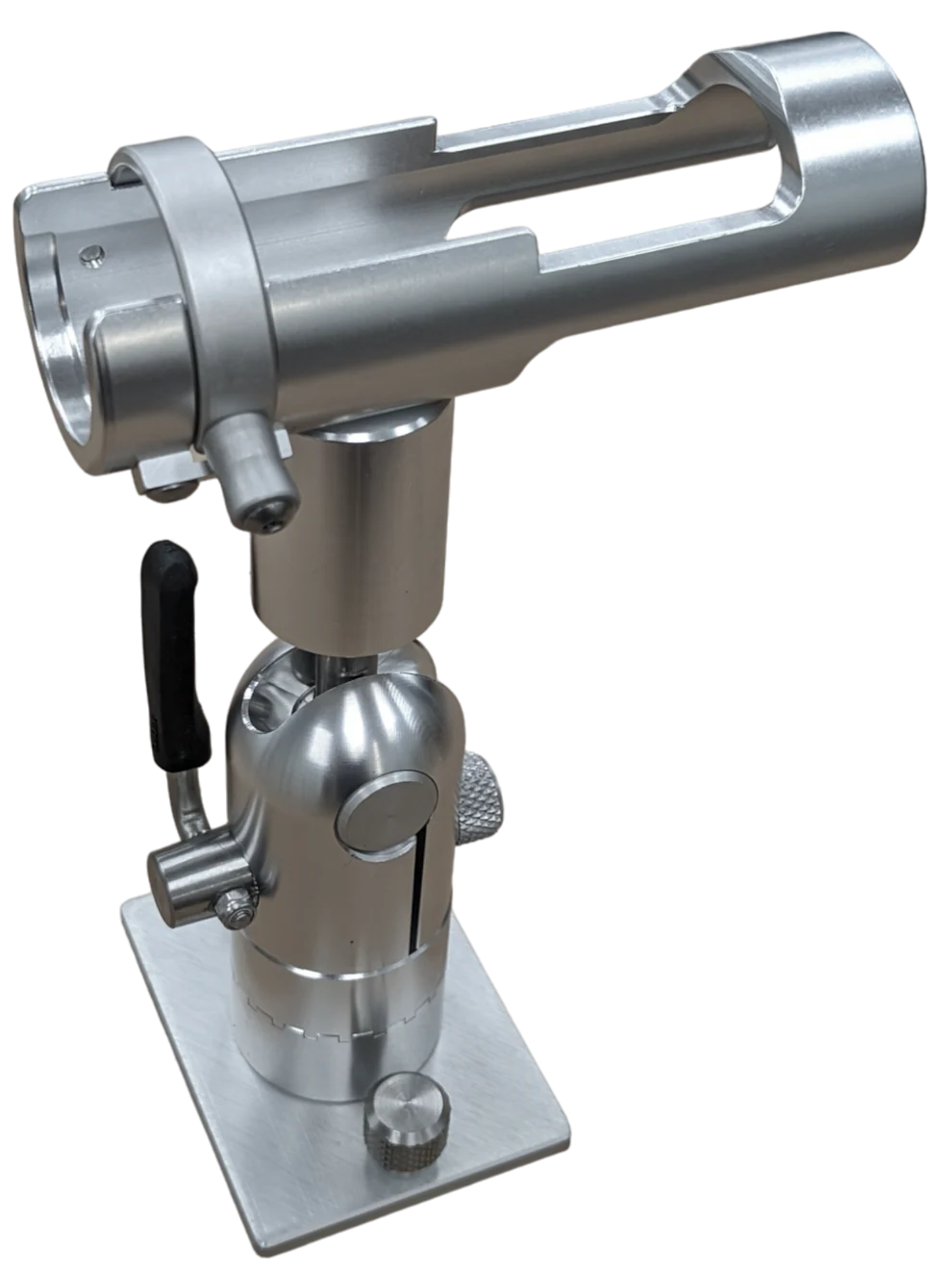 Cisco Short Cradle Rod Holder with Locking Ring Track mt. PN:PKSCC-CR, a silver metal fishing rod holder featuring a cradle design and adjustable locking mechanism, mounted on a sturdy base for secure positioning.