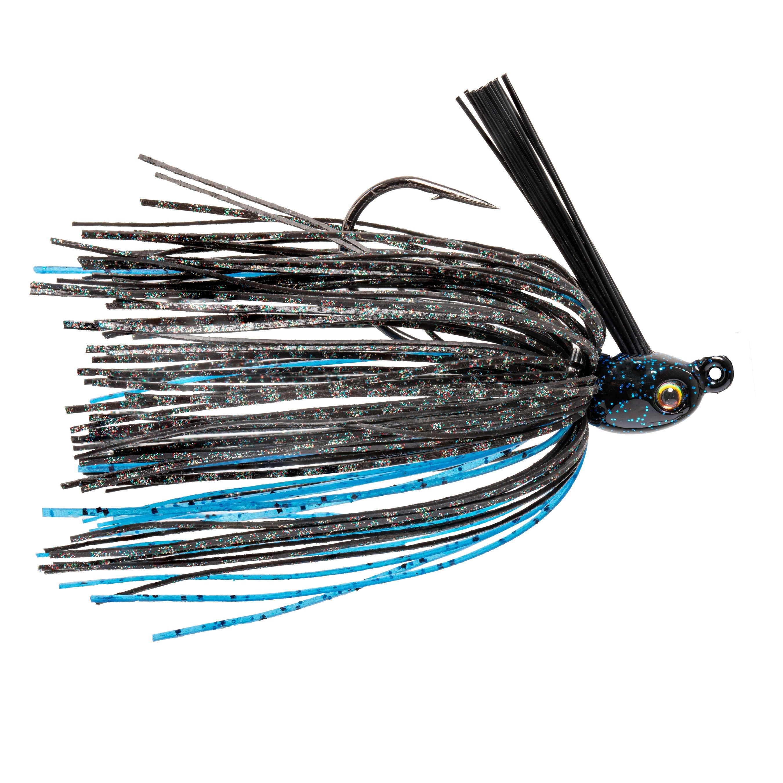 Strike King Tour Grade Tungsten Compact Swim Jig featuring a black and blue skirt with speckled glitter, a weighted head, and a single exposed hook designed for fishing tackle.