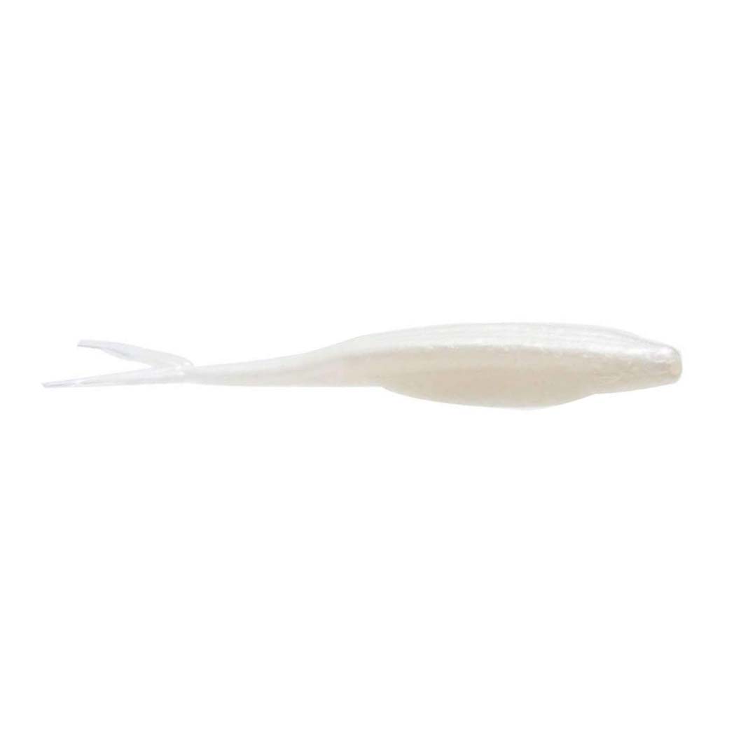 Zoom Bait Company Super Fluke Jr fishing lure in pearl white with a slender body and forked tail, designed for effective fishing tackle use.