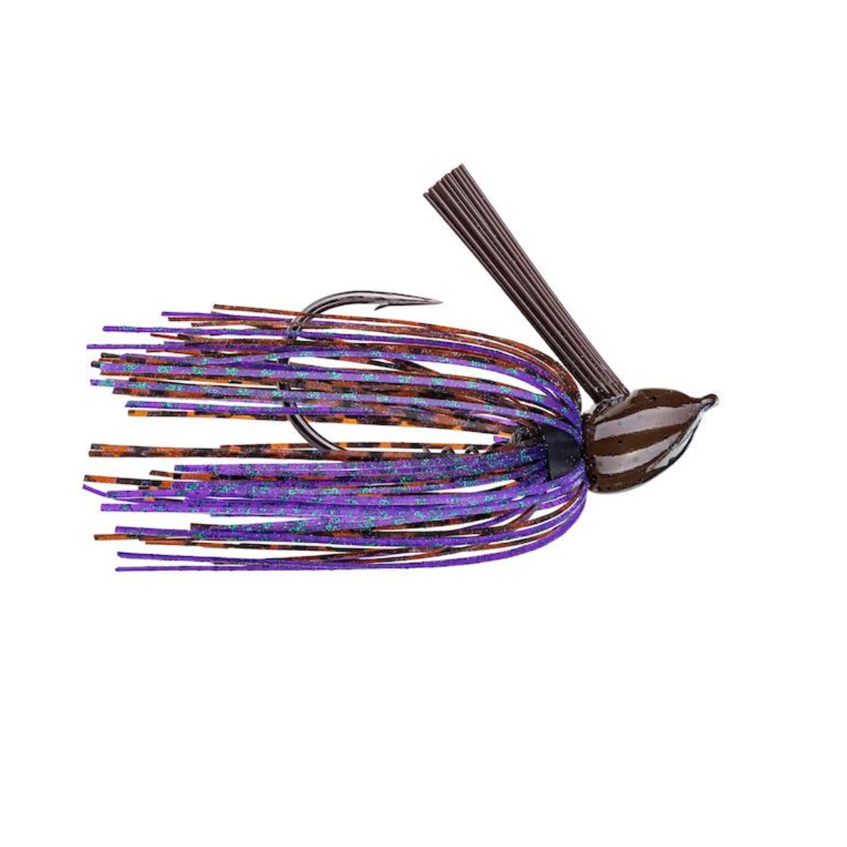 Strike King Hack Attack Fluoro Flipping Jig with purple and brown skirt, detailed head, strong hook, designed for effective fishing tackle use in musky and ice fishing.