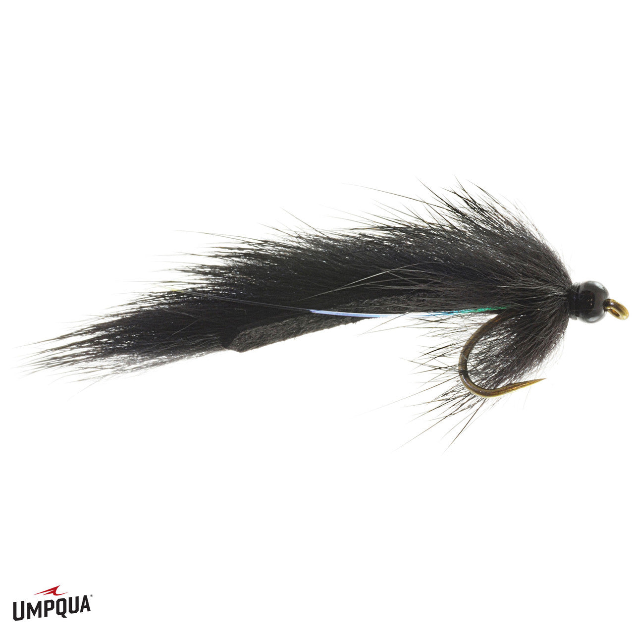 Pine Squirrel Leech #12 fishing lure featuring a black fur body with iridescent accents tied on a sharp hook, designed for effective use in fishing tackle and fly fishing.