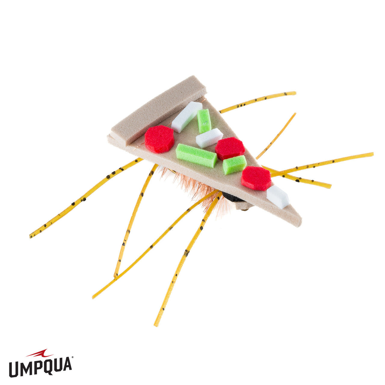 Grillos Pizza Delivery #6 fishing lure with a triangular foam body, red and green foam toppings, and yellow patterned flexible legs designed to imitate prey for musky fishing.