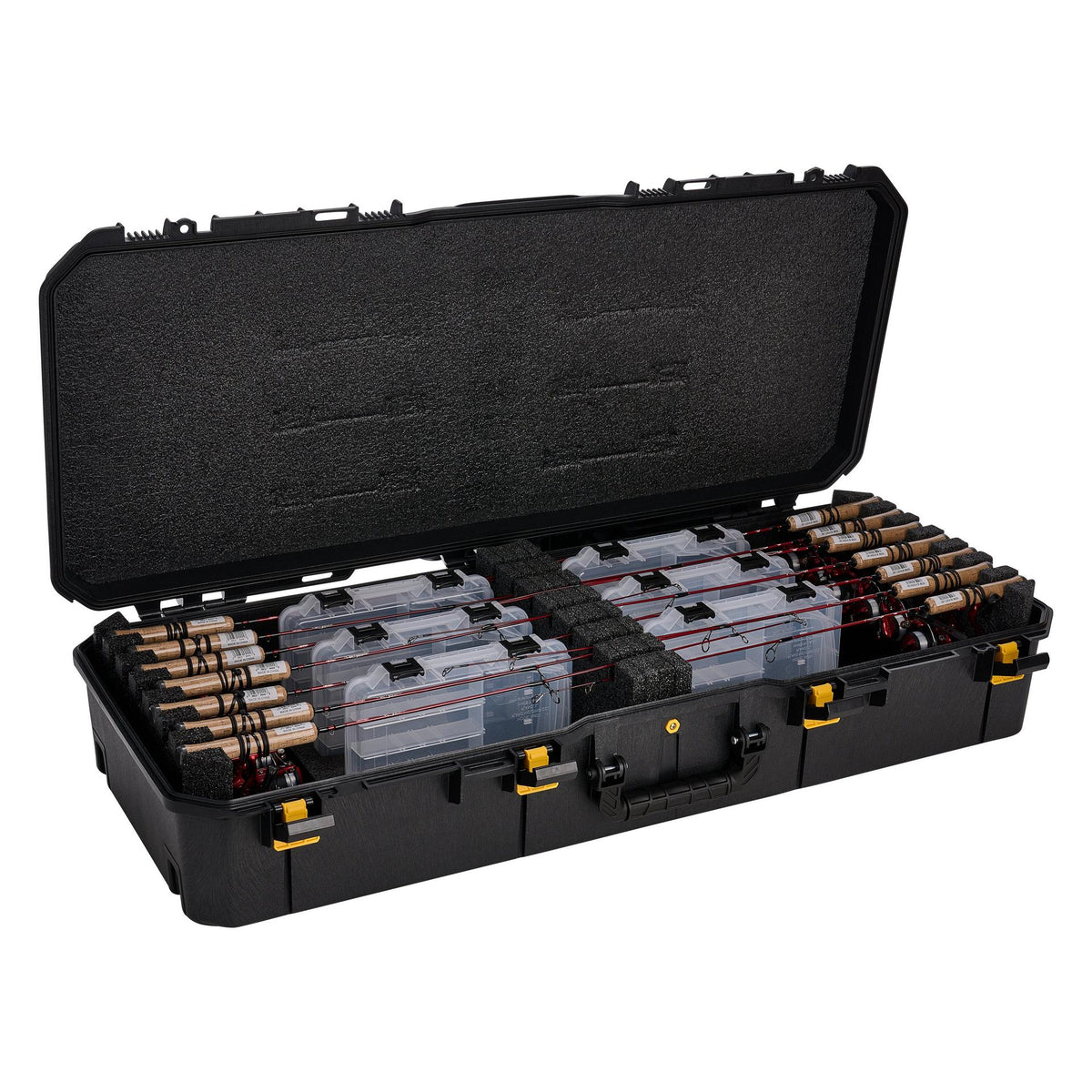 Plano Ice Hunter 44" Ice Combo Case open to show organized storage of fishing rods with cork handles and clear tackle boxes inside a durable black hard case.