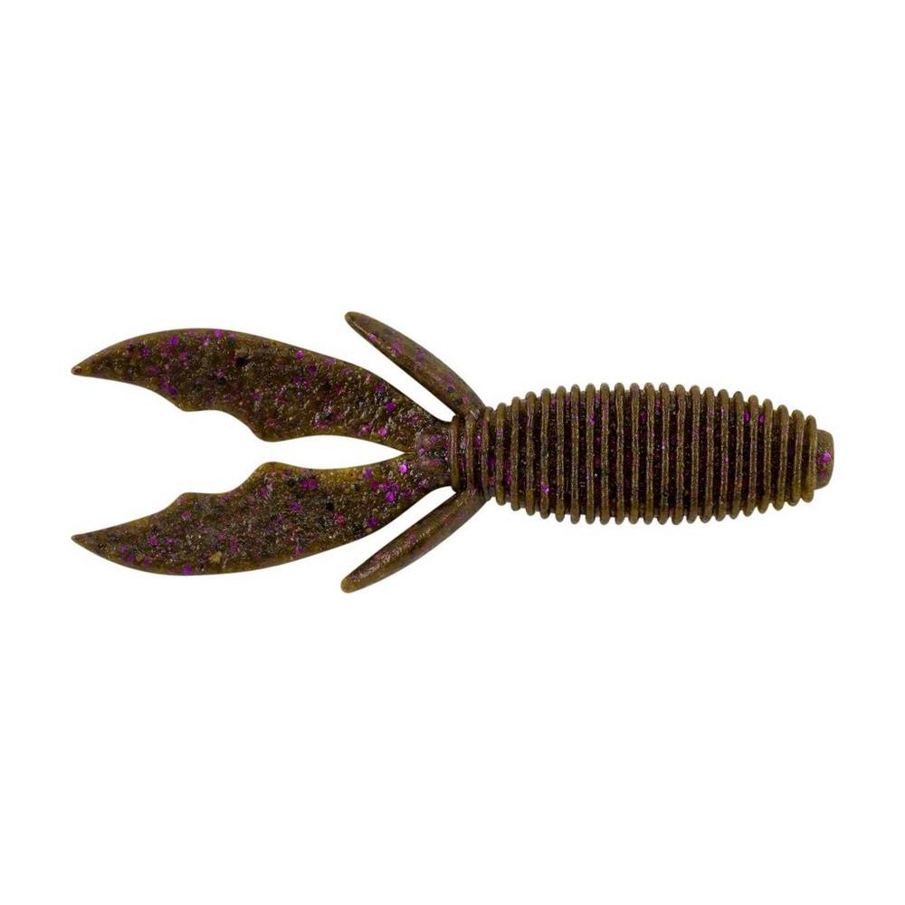 Berkley PowerBait MaxScent Creature Hawg fishing lure in dark purple with flecks, featuring ribbed body and twin tail design for enhanced movement in water.