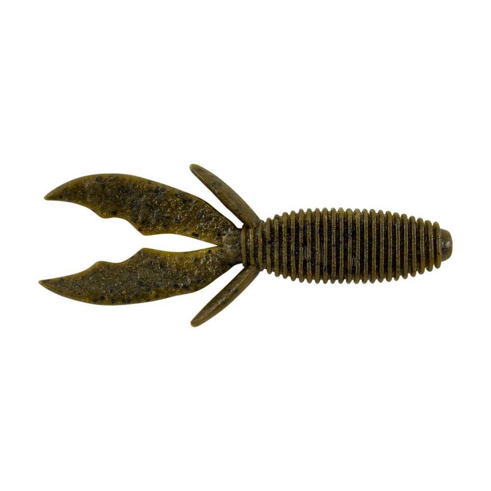Berkley PowerBait MaxScent Creature Hawg fishing lure in a mottled green and brown color, textured body and two large claw-like appendages designed for lifelike movement in water.