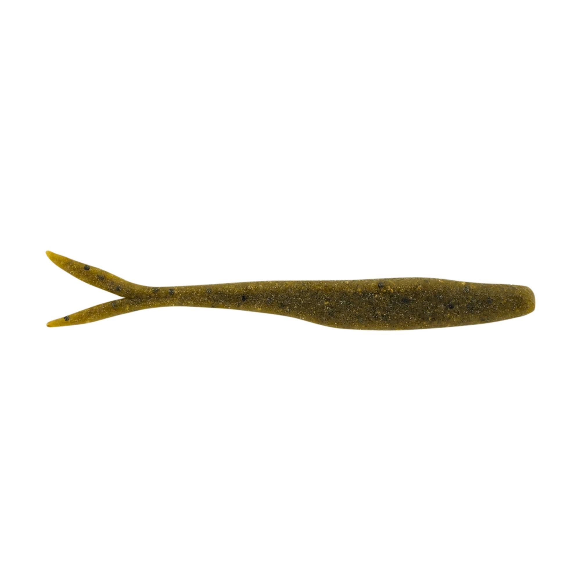 Berkley PowerBait MaxScent Flatnose Minnow fishing lure in olive green with speckled details, designed to attract fish with its realistic shape and scent.