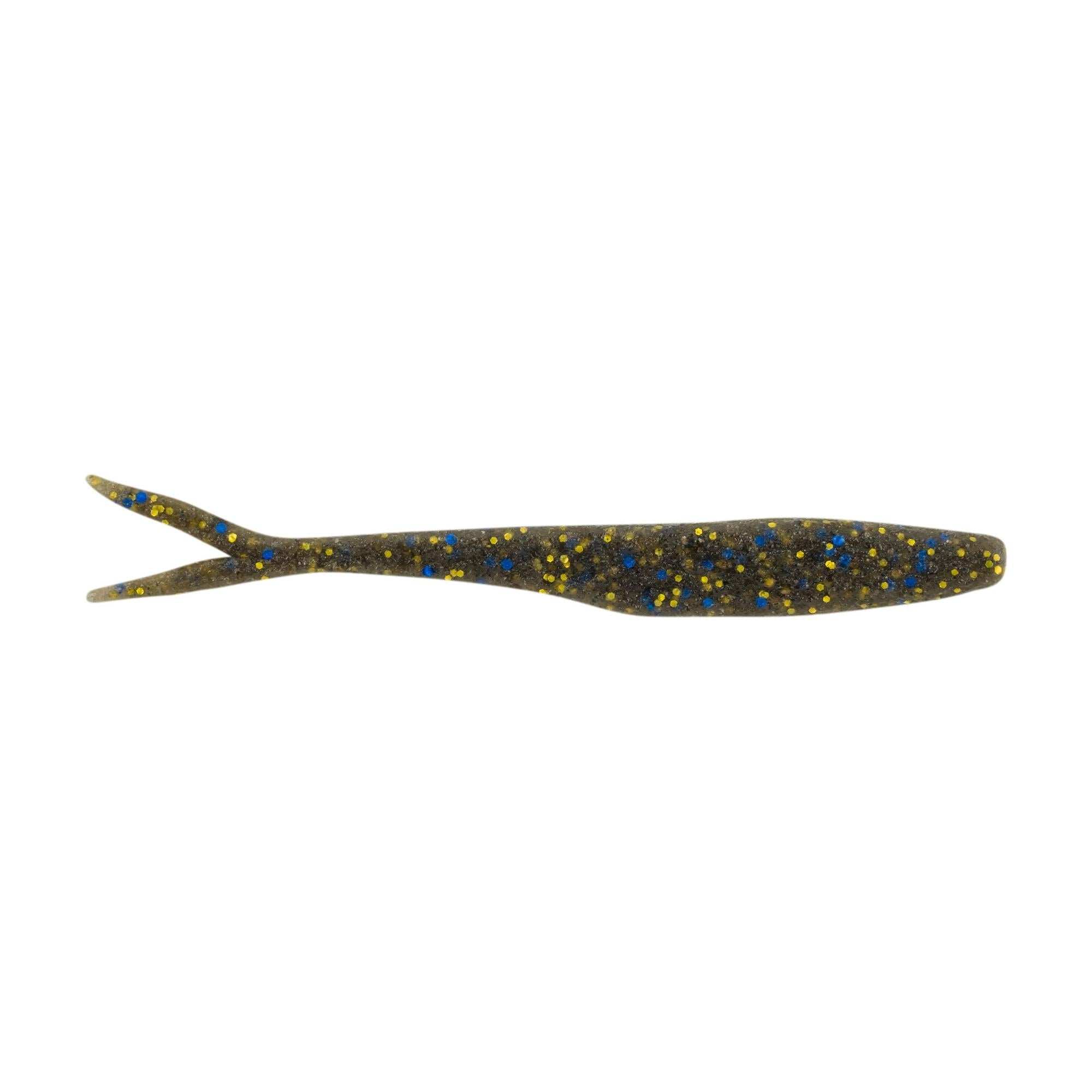 Berkley PowerBait MaxScent Flatnose Minnow soft fishing lure in dark green with blue and yellow specks, designed for use with fishing tackle and rods.