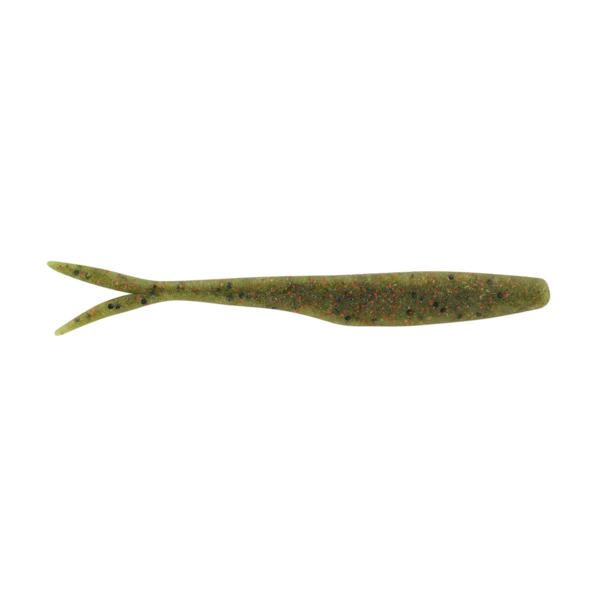 Berkley PowerBait MaxScent Flatnose Minnow in green with red and black speckles, soft plastic fishing lure designed for realistic movement in water.