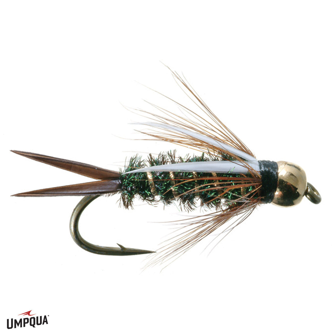 BH Prince Nymph fly fishing lure featuring a gold bead head, iridescent green body, brown feather tail and hackle, designed for freshwater fishing tackle.