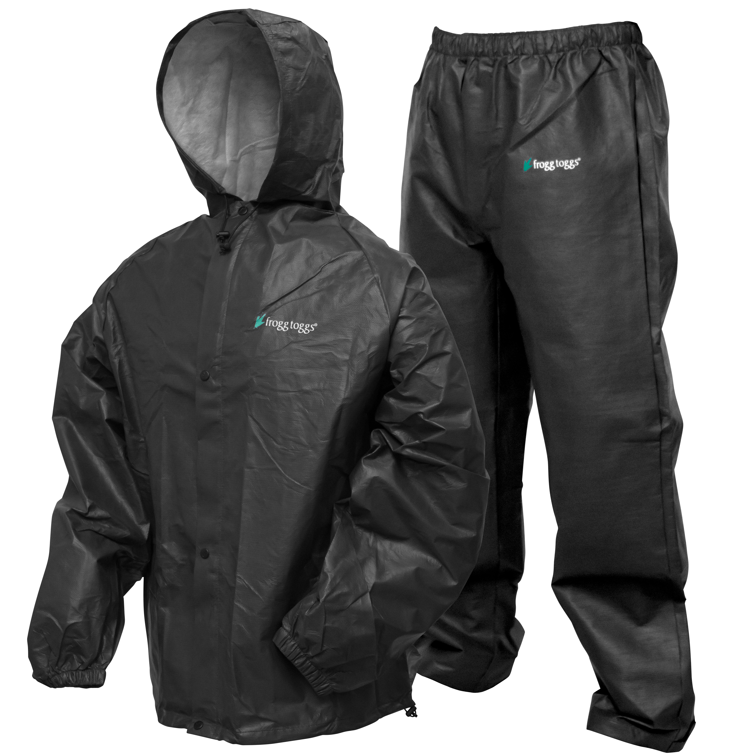St. Croix Men's Pro Lite Suit by Frogg Toggs, a black waterproof hooded jacket and elastic waist pants designed for fishing tackle protection in wet conditions.