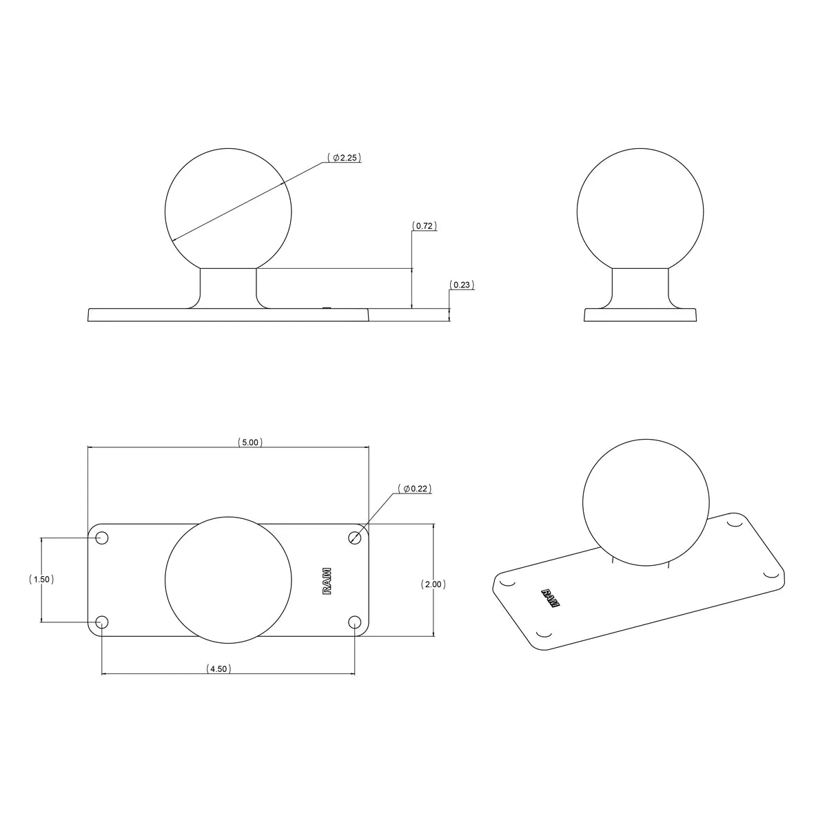 Ram Ball Base with 1.5" x 4.5" 4-Hole Pattern - D Size SKU: RAM-D-202U-25