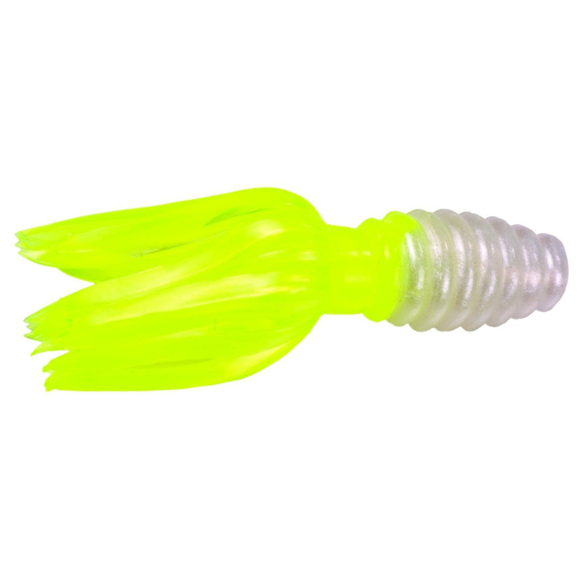 Strike King Mr. Crappie Thunder Tube Bait in yellow and white color, featuring a segmented ribbed body and multiple flexible tentacles designed for fishing tackle and lures.